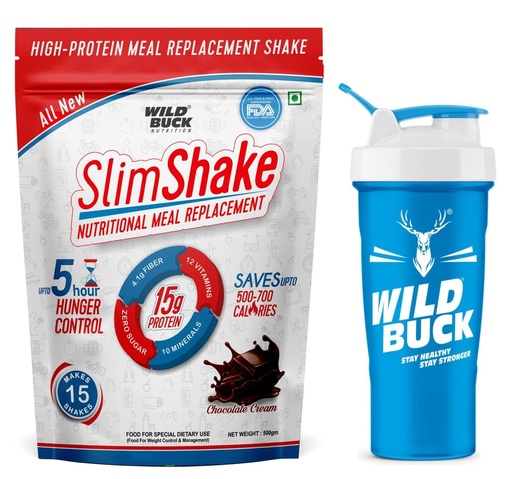 [BRSROBTRABYRSCA4] WILD BUCK SlimShake Meal Replacement Shake, High Protein Weight Loss & Lean Meal Shake, Low Carb Protein Blend, Rich in 12 Vitamins & 10 Minerals, Weight Control & Management Protein Shake 15g Protein, 4.1g Dietary Fiber & Digestive Enzymes | Fat Burning Meal Replacement Shake for Men and Women [Chocolate Cream, 500g] Free Shaker