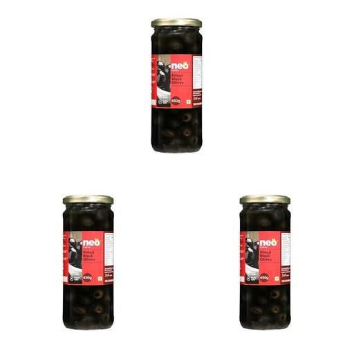[BRSRYZAOCR7BEGQU] Neo Pitted Black Olives 450g l 1 Jar l Low Fat Ready-to-Eat Healthy Snack, Source of Fibre l Enjoy as Topping for Pizza & Pasta l 450g (Pack of 3)