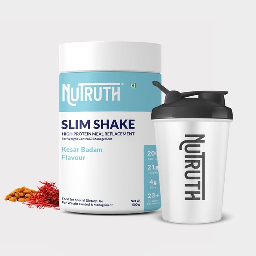 [BRSRMZ36AEHG2YDA] High Protein Meal Replacement Slim Shake + 500 Ml Shaker | 21 Gm Protein/Serving | Weight Control & Management Protein Shake (500 Gm) (Kesar Badam)
