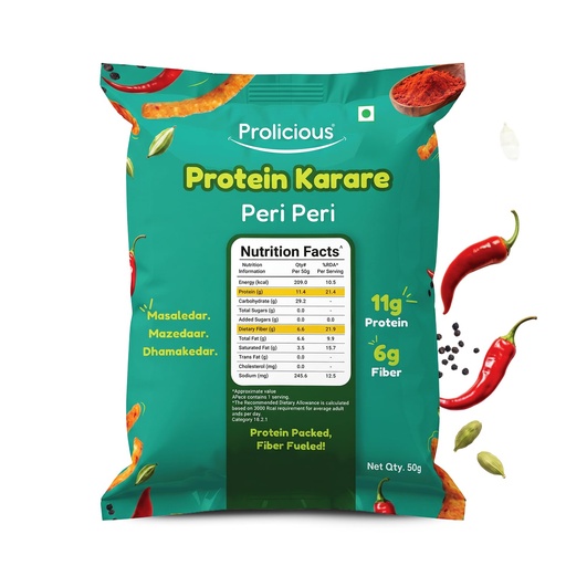 [BRSRYZY3OR6GYHTB] Prolicious Healthy Protein Karare, 11g Protein & 6g Fibre, Vegan Snacks, No Maida, No Palm Oil, 50g - Peri Peri (Pack of 10)
