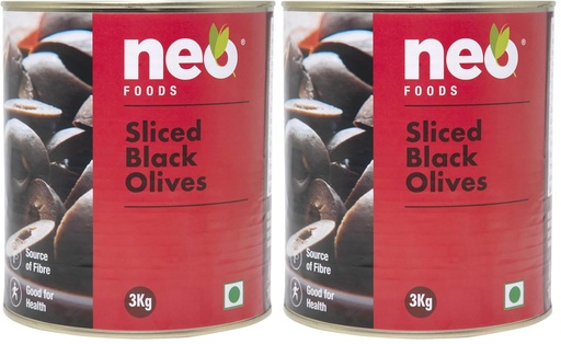 [BRSRYZAOA4JR4ALZ] Neo Sliced Black Olive 3kg Tin I Black Olive for Pizza Topping, Pasta, Salads, Nachos, Whole Wheat Sandwich, Burger I Low Fat Ready-To-Eat Healthy Snack, Source of Fibre Nt. Wt. 3 Kg/ Net Dr. Wt. 1.56kg