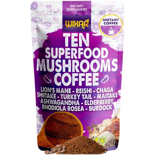 [BRSRAZIDBFYGKGQV] WIXAR Superfood Mushroom Coffee - Instant Coffee Powder, Ten Superfood Extracts with Lion's Mane, Turkey Tail, Reishi, Chaga, Shiitake, Ashwagandha, Rhodiola Rosea, Elderberry, 5oz Mushroom Supplement