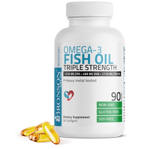 [BRSWGFQQOQHRAYI2] Bronson Omega 3 Fish Oil Triple Strength 2720 mg, High EPA 1250 mg DHA 488 mg, Non-GMO Heavy Metal Tested, 90 Softgels
