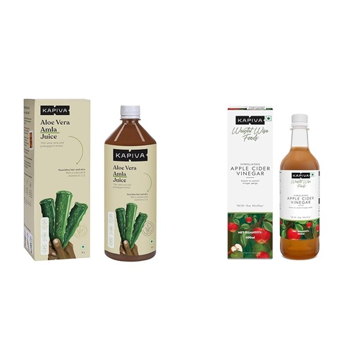 [BRSREYDYBYJQYEQY] Kapiva Aloe Vera + Amla Juice | Cold-pressed Juice for Glowing Skin | Helps with Metabolism (1L) & Kapiva Himalayan Apple Cider Vinegar with Mother 500ml | Raw, Unpasteurized & Unfiltered