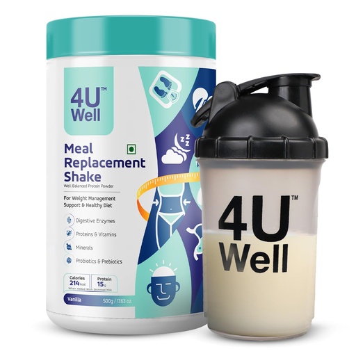 [BRSRABAKPN5QGG3J] 4UWell Meal Replacement Shake for Weight Management & Control | Vanilla Flavour with Free Shaker | 18 Vitamins & Minerals | Boosts Energy & Metabolism - 500g