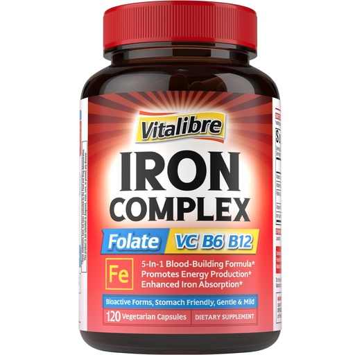 [BRSRAFIRCUJRYDLZ] Iron Supplement for Women & Men, with Vitamins C, B6, B12 & Folate for Iron Deficiency, Blood Building & Energy Support, Stomach Friendly, Better Absorption, Non-GMO,No Gluten,120 Vegan Caps