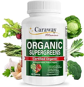 [BRSRMY36A4HWC2TB] Organic Superfoods Vitamins Super Greens Complex by Caraway Vitamins 1,350 mg per Serving 28 Fruits Vegetables Greens 60 Count Tablets Non-GMO Natural for Men & Women