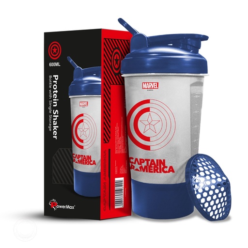 [BRSW2FTRPICW2E3P] PowerMax Fitness Captain America Marvel Edition Shaker Bottle 600Ml, 100% Leakproof Guarantee Sipper Bottle Ideal For Protein, Pre-Workout And Bcaas, Bpa Free Material, Plastic (Clear)