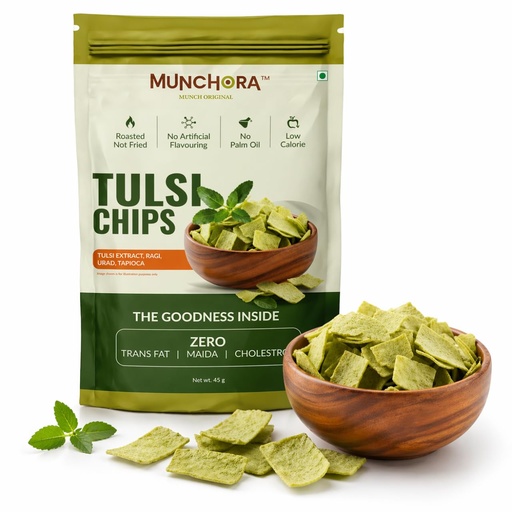 [BRSRGAQYA5YBQD3A] Munchora Tulsi Chips – Roasted Healthy Snack | Tulsi Extract, Ragi, Urad & Tapioca Crunchy Chips | High Fibre Snack | Zero Trans Fat, No Maida, No Cholesterol | 45g × 4 Packs