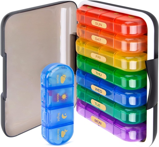 [BRSRMBALDN4AAHQ3] MURRI&MURRDI 7-Day Pill Organizer with 28 Cells, Large Weekly Pill Case for 4 Daily Compartments, Moisture-Proof Travel Pill Box for Vitamins, Medications, Supplements, Multi-Color