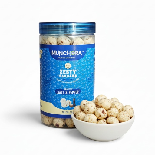[BRSRECQRDMNGAYLD] Munchora Premium Zesty Salt & Pepper Makhana - 70g | Roasted, Not Fried | Healthy Snack | No Preservatives | Ready-to-Eat Snack | Rich In Protein & Fiber | Roasted in Olive Oil - (70g x 1 Packs)
