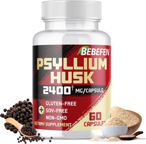 [BRSROFL2CAFWAHLF] BEBEFEN Psyllium Husk Cápsulas 2400mg com Pimenta Preta - 2 Mês de Fornecimento - Fibra Solúvel Diária para a Saúde do Gut - Fórmula Não-GMO e Gluten-Free