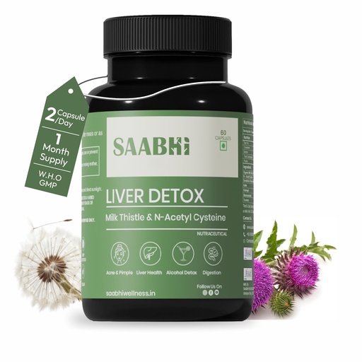 [BRSRAHALAACQI2TG] SAABHI Liver Detox Supplement with Milk Thistle (80% Silymarine) , N-Acetyl Cysteine 120 mg & Dandelion | Supports Body Detox, Digestion & Energy - Fatty Liver Care | Advanced Liver Support, Cleansing and Detox | 60 Veg Capsules
