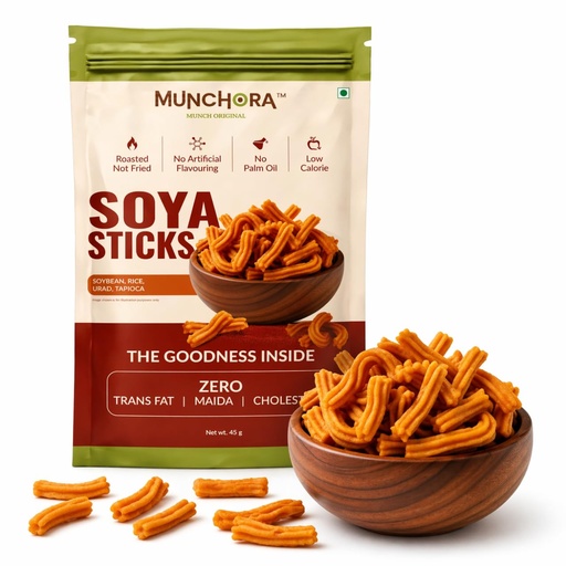 [BRSRGAQYBABAEGQ2] Munchora Soya Sticks – Roasted Healthy Snack | Soybean, Rice, Urad & Tapioca Crunchy Sticks | High Fibre Protein Snack | Zero Trans Fat, No Maida, No Cholesterol | 45g × 4 Packs