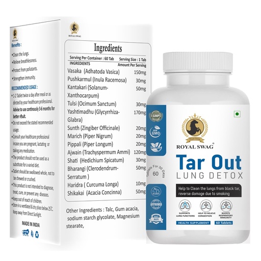 [BRSROATQBZYQ43DA] Royal Swag Tar Our Lung Tablets Ayurvedic (60 count) Made with Natural Extracts, Non-GMO and Vegetarian - Herbal Supplement for Lung Detoxification and Cleansing for Smokers and Non-Smokers