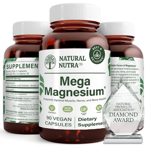 [BRSWIBQADJ7GMDA5] Natural Nutra Mega Magnesium 400mg Supplement - High Absorption Amino Acid Chelate, Better Vibes, Citrate, Malate Blend for Muscle Growth, Bone Strength, Heart Health, Nerve Support - 90 Capsules