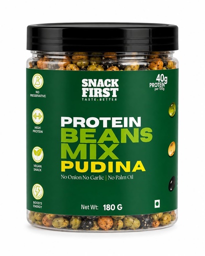 [BRSRYFQ5BEMBQCDF] Snack First Roasted Protein Beans Mix Pudina| No onion no garlic | no palm oil | 180G | 40G plant protein mixture | 3 In 1 mix | edamame, soyabeans, blackbeans | high protein | gym snack | healthy snack | crunchy & delicious | high fibre | minerals & vitamins |