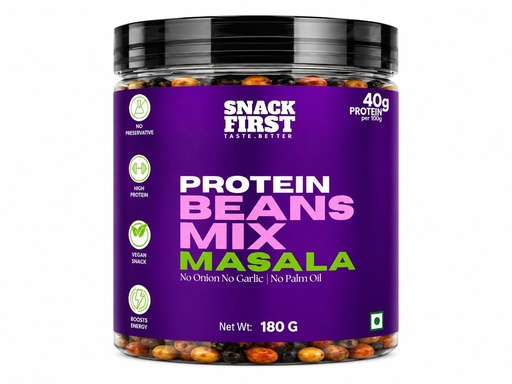 [BRSRYZIECV5RYD3X] Snack First Roasted Protein Beans Mix Masala | No onion no garlic | no palm oil | 180G | 40G plant protein mixture | 3 In 1 mix | edamame, soyabeans, blackbeans | high protein | gym snack | healthy snack | crunchy & delicious | high fibre | minerals & vitamins |