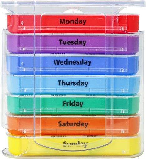 [BRSRMHQHAUMAGEYU] Weekly Pill Organizer for 1 Day 4 Times Supply,KIGI 7 Days Stackable Pill Dispenser Vitamins Containers (Rainbow)
