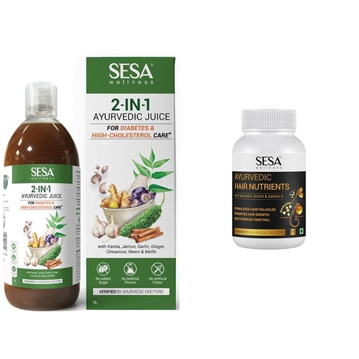 [BRSRYYADDIFWYDTA] Sesa 2-in-1 Ayurvedic Juice – 1L | Supports Healthy Cholesterol & Blood Sugar Levels | With Karela | SESA Ayurvedic Hair Vitamins Biotin Tablets DHT Blocker 60 Capsules - Plant based Gluten free Nutr