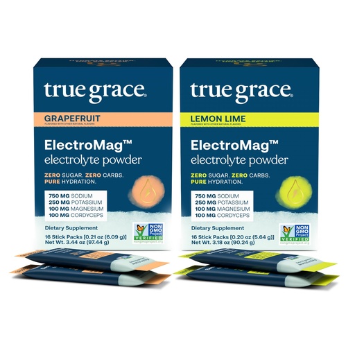 [BRSRA235CMPA23I7] True Grace ElectroMag - Grapefruit (16 Stick Packs) + Lemon Lime (16 Stick Packs) - Electrolyte Powder for Rapid Hydration - Zero Sugar & Carbs - Non-GMO - 32 Total Servings