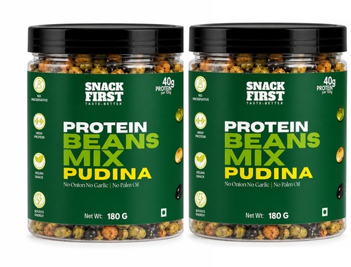 [BRSRYFQ5AUOQO3IV] Snack First Roasted Protein Beans Mix PUDINA | No onion no garlic | no palm oil | 180G x Pack Of 2 (360g) | 40G plant protein mixture | 3 In 1 mix | edamame, soyabeans, blackbeans | high protein | gym snack | healthy snack | crunchy & delicious | high fibre | minerals & vitamins |2x180g jar | 360g