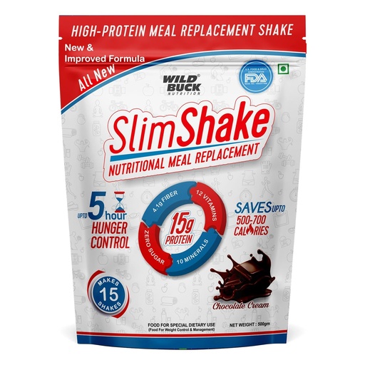 [BRSRGAQ6B5YWOHLA] Wild Buck SlimShake High Protein Meal Replacement Shake Powder for Weight Management – 15g Protein, 4.1g Fiber, 0g Added Sugar, Low Carb, Low Fat, Hunger Control up to 5 Hours – 12 Vitamins & 10 Minerals, Garcinia Cambogia, Green Tea & Green Coffee Extract – Chocolate Cream Flavor – 500g for Men & Women