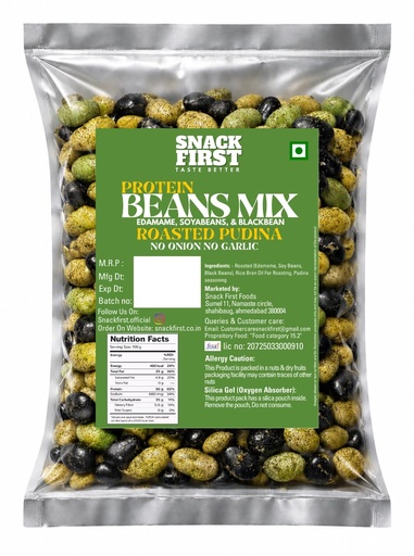 [BRSRYFT6BVYBYCYY] Snack First Roasted Protein Beans Mix Pudina | No onion no garlic | no palm oil | 100G | 40G plant protein mixture | 3 In 1 mix | edamame, soyabeans, blackbeans | high protein | gym snack | healthy snack | crunchy & delicious | high fibre | minerals & vitamins |