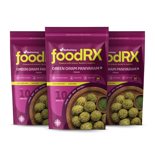 [BRSRYZQEOJ6QMEI2] FOODRX Green Gram Paniyaram Mix – Made with Low Glycaemic Green Gram | Rich in Plant Protein & Dietary Fibre | Healthy, Light & Nutritious Ready-to-Cook Snack (Pack of 3, 200gm Each)