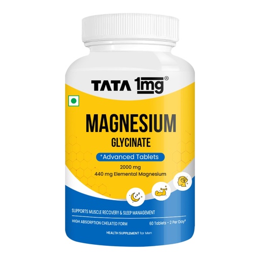 [BRSRGZIDOR7Q2YLB] TATA 1mg Magnesium Glycinate Tablets | 2000mg | High Absorption Chelated form for Muscle Recovery, Sleep & Nerve Health | 2000mg Per Serving – 120 Veg Tablets