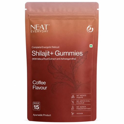 [BRSRYZQ7AUAQA2TB] NEAT EVERYDAY Shilajit+ Gummies with Maca Root Extract & Ashwagandha | Coffee Flavour | No Added Sugar | Vegan | No Artificial Colour & Preservatives | Ayurvedic Supplement | Pack of 15 Gummies