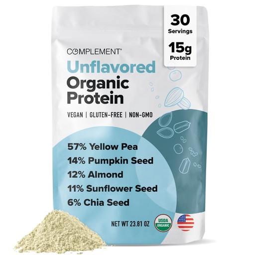 [BRSW2FIKAUAQA3T6] Complement Organic Unflavored Vegan Protein Powder (30 Servings) Low Carb, Low Calorie, Sugar Free, Soy Free, Non-GMO, Gluten Free, Non Dairy- Yellow Pea, Pumpkin Seed- 15g Plant Based Protein Powder