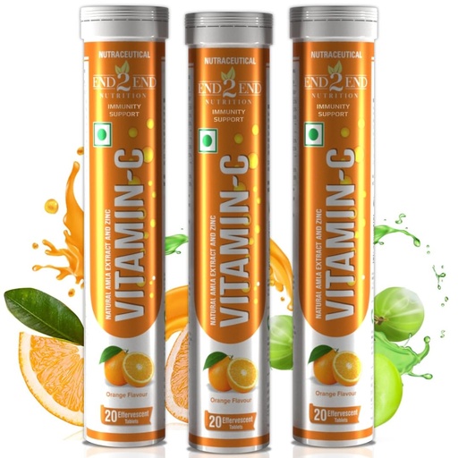 [BRSWYH32CBYWCFDG] End2End Nutrition Natural Vitamin C - Amla Extract + Zinc for Immunity | Helps to Boost Collagen for Healthy Skin, Hair & Nails | Orange Flavour - (Pack of 3) 60 Effervescent Tablets