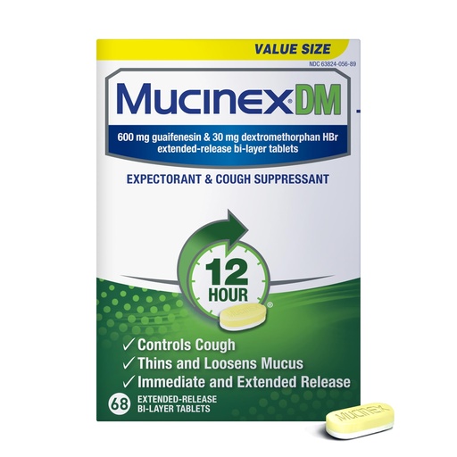 [BRSWGGT6CMMGAAAZ] Mucinex DM 12Hr Chest Congestion & Cough Medicine For Adults, Cold And Cough Medicine for Excess Mucus Relief, 600 mg Guaifenesin & 30 mg Dextromethorphan HBr, 68 Bi-Layer Tablets