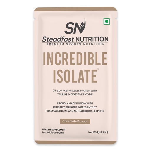 [BRSRMFI2B4BGKDLH] Steadfast Nutrition Incredible Isolate Chocolate Protein 900gm, 30 Sachets, 25g Protein Muscle growth Strength Immunity