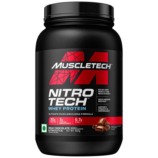 [BRSW2CQLCEGRA2Y4] MuscleTech Nitro-Tech Whey Protein, 907g (2lbs), Milk Chocolate, 30g Protein, 3g creatine monohydrate, 6.7g BCAA, ultimate muscle building formula, increase strength & performance