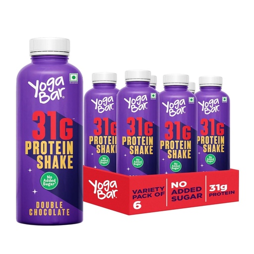 [BRSREBQFBBYGAG3B] Yogabar 31g Double Chocolate Protein Shake (6 Bottles).- 31g Protein per Serve, No Added Sugar - Low Fat, High Calcium, Ready-to-Drink Milkshake – 250ml Bottle (Pack of 6)