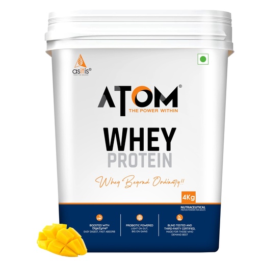 [BRSRAYYKAQOQECDX] Asitis Nutrition Atom Whey Protein 4Kilogram | 27G Protein | Isolate & Concentrate | Mango Fusion | Usa Labdoor Certified | With Digestive Enzymes For Better Absorption, 111 Servings