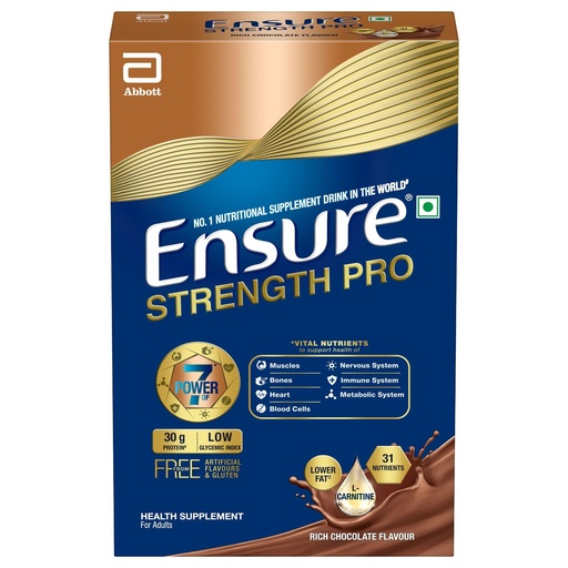 [BRSRGBQ5DIHR4YDD] Ensure Strength Pro | High Protein Nutritional Drink for Adults | Rich Chocolate (400g) | 30g Protein, Low GI, Gluten Free | L-Carnitine| No Artificial Flavors | Scientifically formulated with Power of 7- Muscles, Bones, Heart, Immune System, Metabolic System, Nervous system, Blood Cells health
