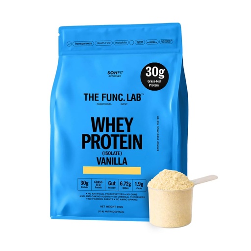 [BRSREATQOABRMFDB] The Func. Lab Whey Protein Isolate - Vanilla Flavour | 500g | Grass‑Fed, 30g Protein, 6.72g BCAA per Scoop | High Protein Supplement for Muscle Growth, Digestion and Absorption Support