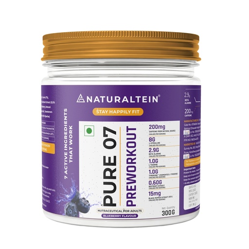 [BRSRM2Y6DIMGEFD6] NATURALTEIN PURE-07 Vegan Pre-Workout – Blueberry Blast | Clean Energy & Focus | 300g Powder | 21 Power-Packed Servings