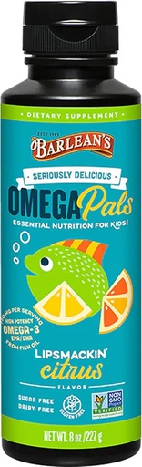 [BRSWGGAHBUNBY2T5] Barlean's Omega Pals Lipsmackin' Citrus Flavored Omega-3 bērniem, Yummy Bērnu šķidrās zivju eļļas papildinājums ar 750 mg EPA un DHA smadzeņu un acu veselībai, 8 oz