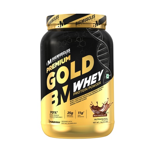 [BRSWYZQBPMCQGGQ6] Bigmuscles Nutrition Premium Gold Whey [1Kg] | Informed Choice UK Certified | Isolate Whey Protein Blend | 25g Protein | 11g EAA | ProHydrolase Enzyme Technology [Rich Chocolate]