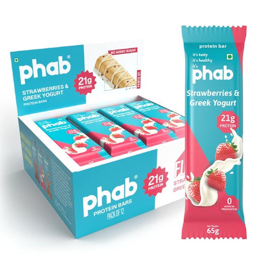 [BRSRGFANBAHAG3DU] Phab Starwberries & Greek Yogurt Protein Bars with 21g Protein & No Added Sugar | High Fibre, Gluten-Free, Trans Fat-Free & No Preservatives | Healthy & Delicious With Goodness Of Dates (Pack of 12)