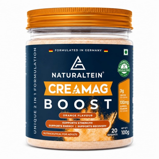 [BRSRYED5OQGQOHQY] Naturaltein Creamag Boost Creatine 3g + Magnesium Bisglycinate 130mg Supplement Powder, Orange Flavour, Supports Strength, Energy & Recovery, 100g (20 Servings)