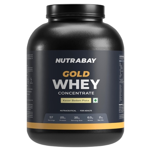 [BRSROHAZDEORM2DU] Nutrabay Gold Whey Protein Concentrate with Digestive Enzymes & Vitamin Minerals 25g Protein – Muscle Support & Recovery – 2kg, Kesar Badam Pista | Trustified Certified Authentic