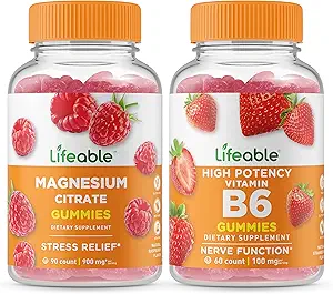 [BRSROZAHDMMAEG3X] Lifeable Magnesium + Vitamin B6, Gummies Bundle - Great Tasting, Vitamin Supplement, Gluten Free, GMO Free, Chewable Gummy