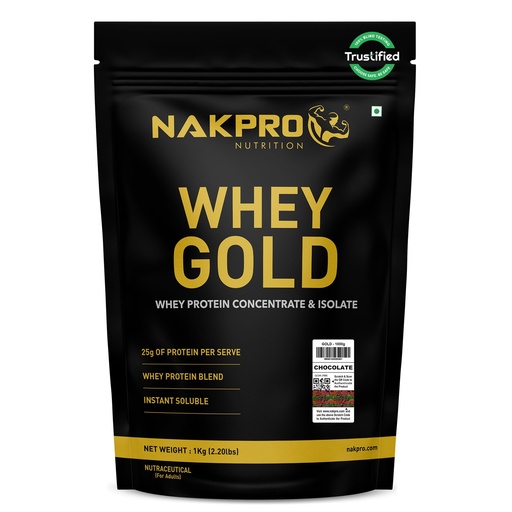 [BRSWGCT3CIBAEALF] NAKPRO NUTRITION Gold Whey Protein Concentrate & Isolate 1kg Chocolate flavour | 25.5g Protein | Trustified Certified
