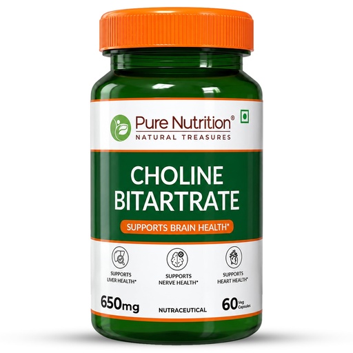 [BRSREALYBB4B6HLF] Pure Nutrition Choline Bitartrate 650mg | Choline Supplements Supports Brain, Nerve, Liver & Heart Health | Nootropic Supplement for Cognitive Function - 60 Veg Capsules