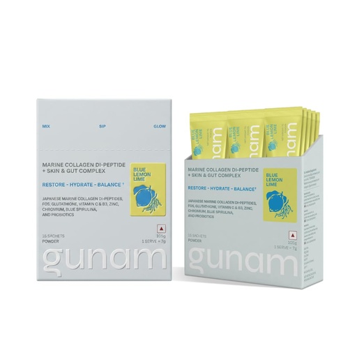 [BRSRGBTQCAIWO23Z] Gunam Marine Collagen Di-Peptide + Skin & Gut Complex (Pack of 2) | Japanese Marine Collagen | FOS, Glutathione, Vit C & B3, Zinc, Probiotics | Skin, Hair, Nails, Gut & Joints | Lemon Lime | (15 Sachets each)